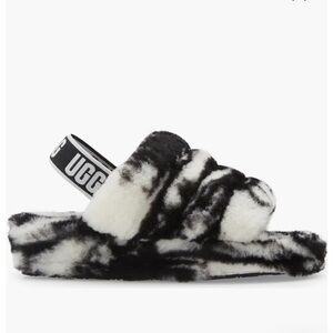 UGG Black and Cream Fluffy Slippers